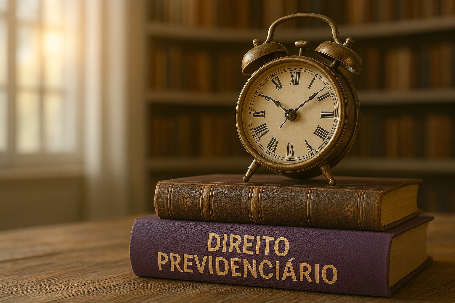 Livros de Direito Previdenciário com relógio